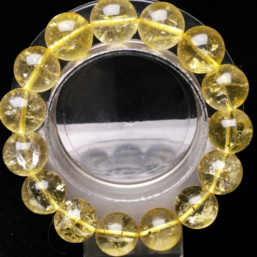 14mm Natural Rainbow Yellow Citrine Crystal Gemstone Round Beaded Bracelet NEW
